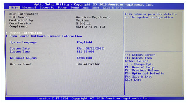 Окно BIOS на компьютере Fujitsu P556