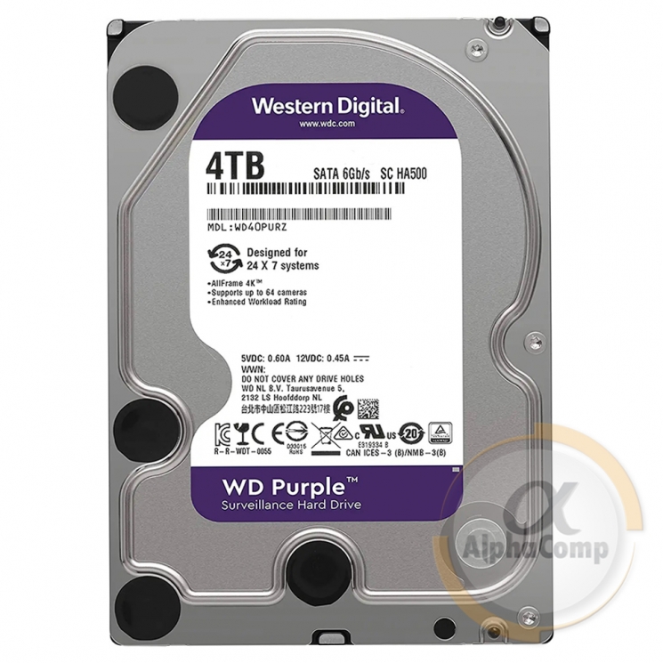 Жорсткий диск 3.5" 4Tb WD WD40PURZ Purple (64Mb • 5400 • SATA3) БВ