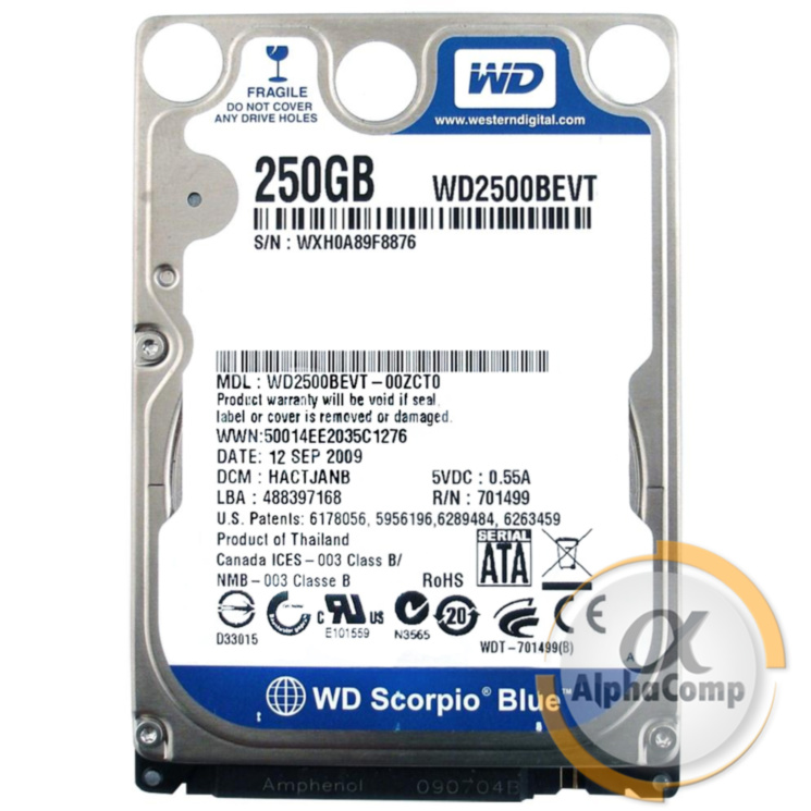 Жесткий диск 2.5" 250Gb WD WD2500BEVT (8Mb/7200/SATAII) БУ
