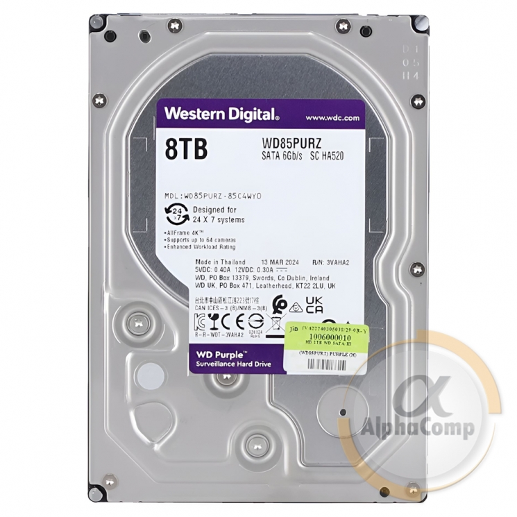 Жесткий диск 3.5" 8Tb WD WD84PURZ Purple (128Mb • 5400 • SATA3) БУ