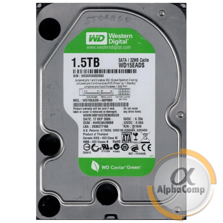 Жесткий диск 3.5" 1,5Tb WD WD15EADS (32Mb/5400/SATAII) green БУ