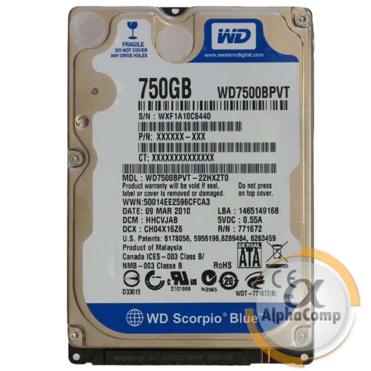 Жесткий диск 2.5" 750Gb WD WD7500BPVT (8Mb/5400/SATAII) БУ