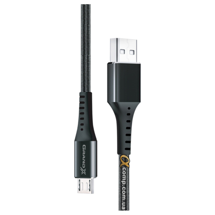 Кабель USB 2.0 (AM/microUSB) 1.2м Grand-X 3A Fast Сharge, оплетка, черный