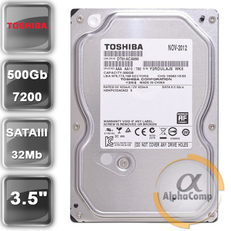 Жесткий диск 3.5" 500Gb Toshiba DT01ACA050 (32Mb/7200/SATAIII) БУ