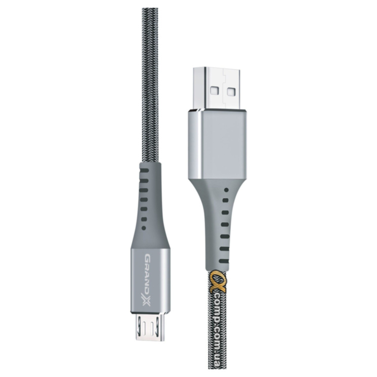 Кабель USB 2.0 (AM/microUSB) 1.2м Grand-X 3A Fast Сharge, оплетка, серый