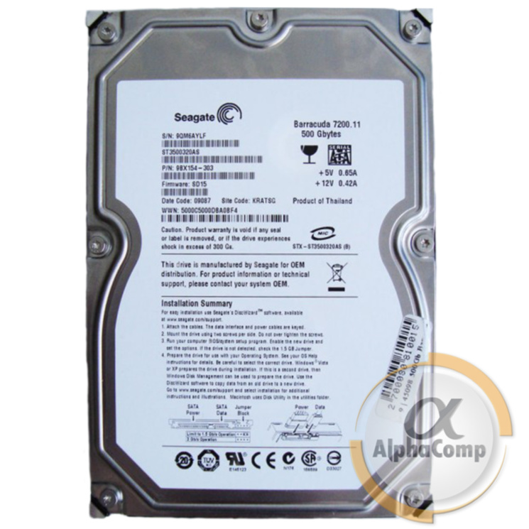 Жесткий диск 3.5" 500Gb Seagate ST3500320AS (32Mb/7200/SATAII) БУ