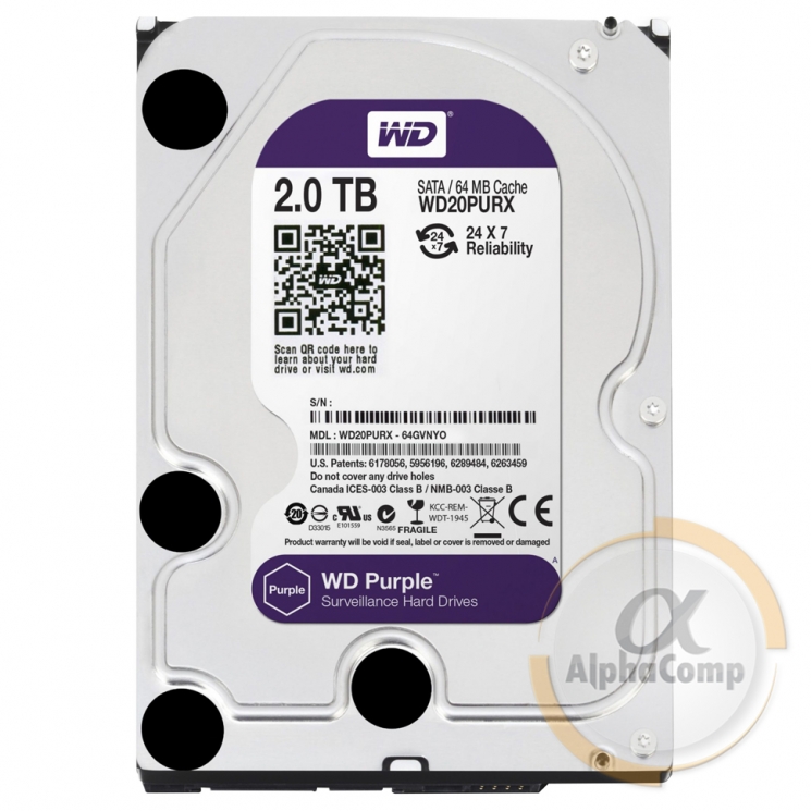 Жесткий диск 3.5" 2Tb WD WD20PURX Purple (64Mb • 5400 • SATA3) БУ
